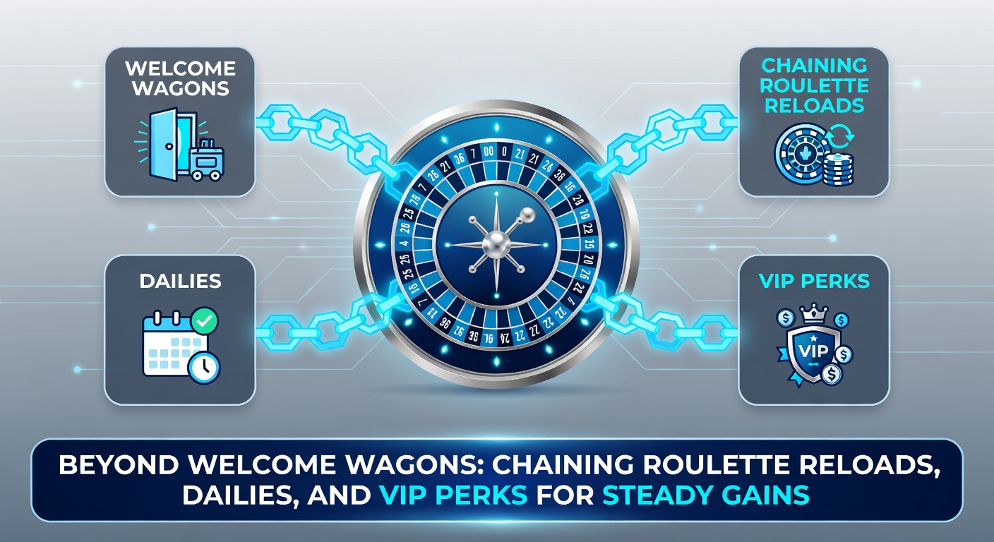 Roulette wheel with cascading bonus icons representing chained promotions from reloads to VIP rewards