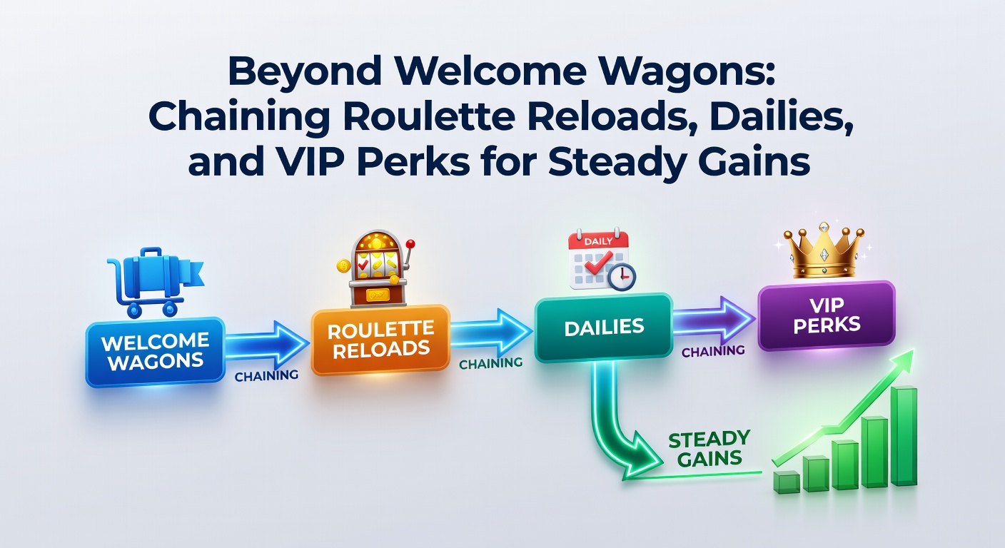 Infographic showing chained bonus flow from daily login to VIP tier upgrades in a roulette casino interface