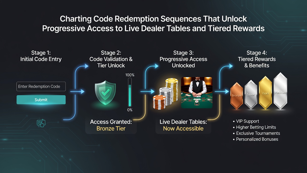 Infographic showing tiered loyalty brackets connected to sequential code redemptions