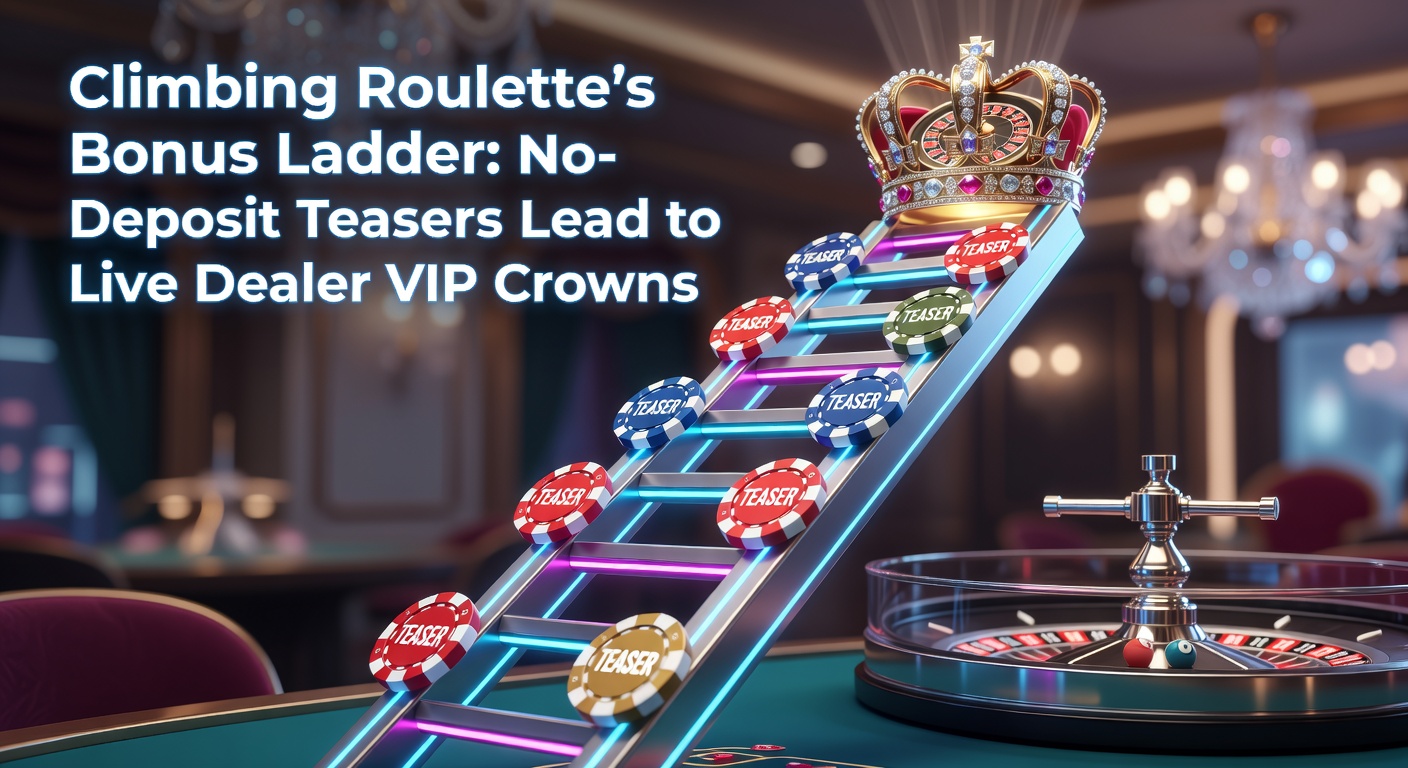 Vibrant roulette wheel with glowing bonus ladder ascending to a golden VIP crown, symbolizing progression from free plays to elite rewards