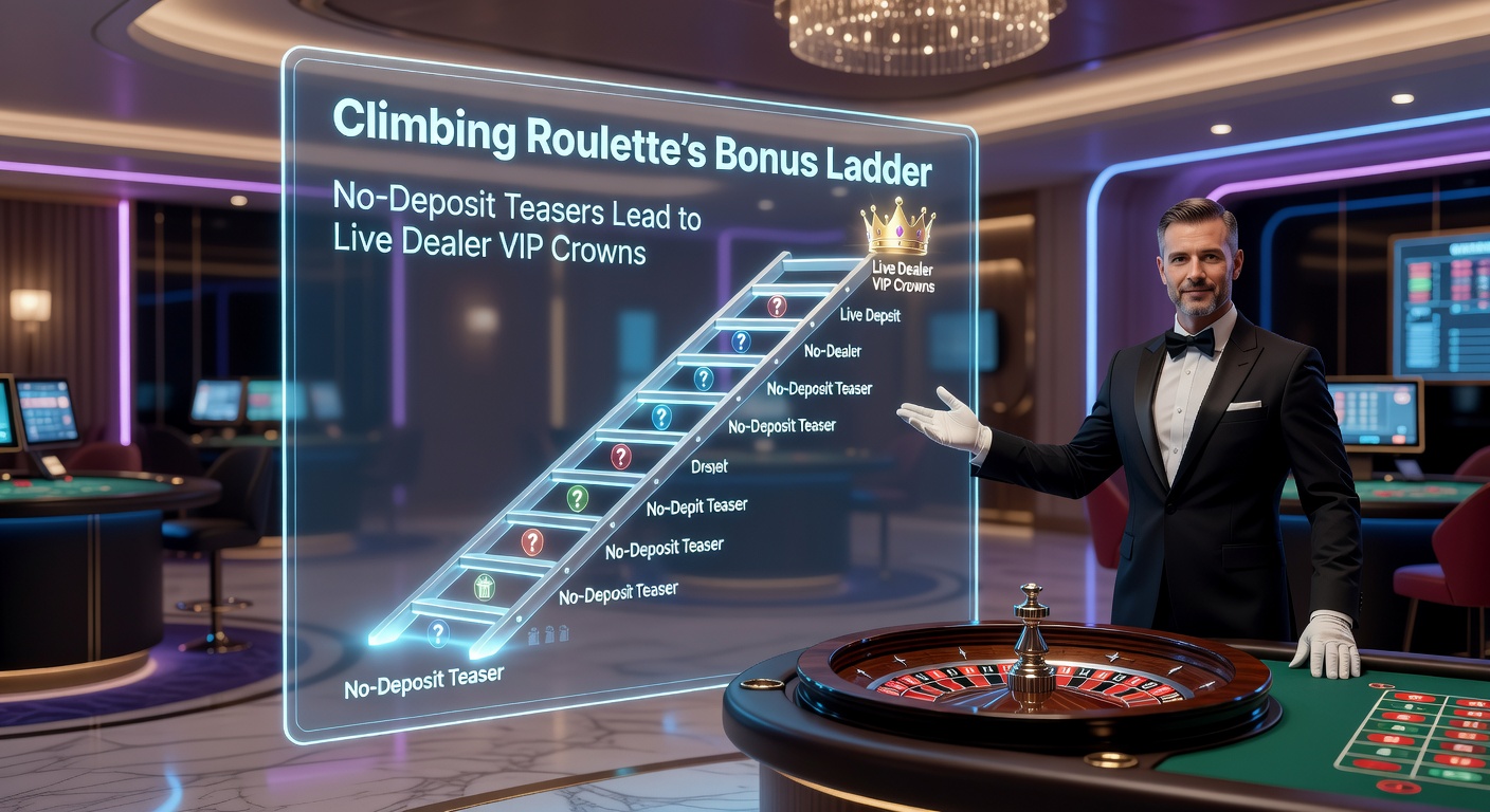Elegant live dealer at a high-stakes roulette table, ladder graphic overlay climbing from basic bonuses to VIP jewels, capturing the progression journey