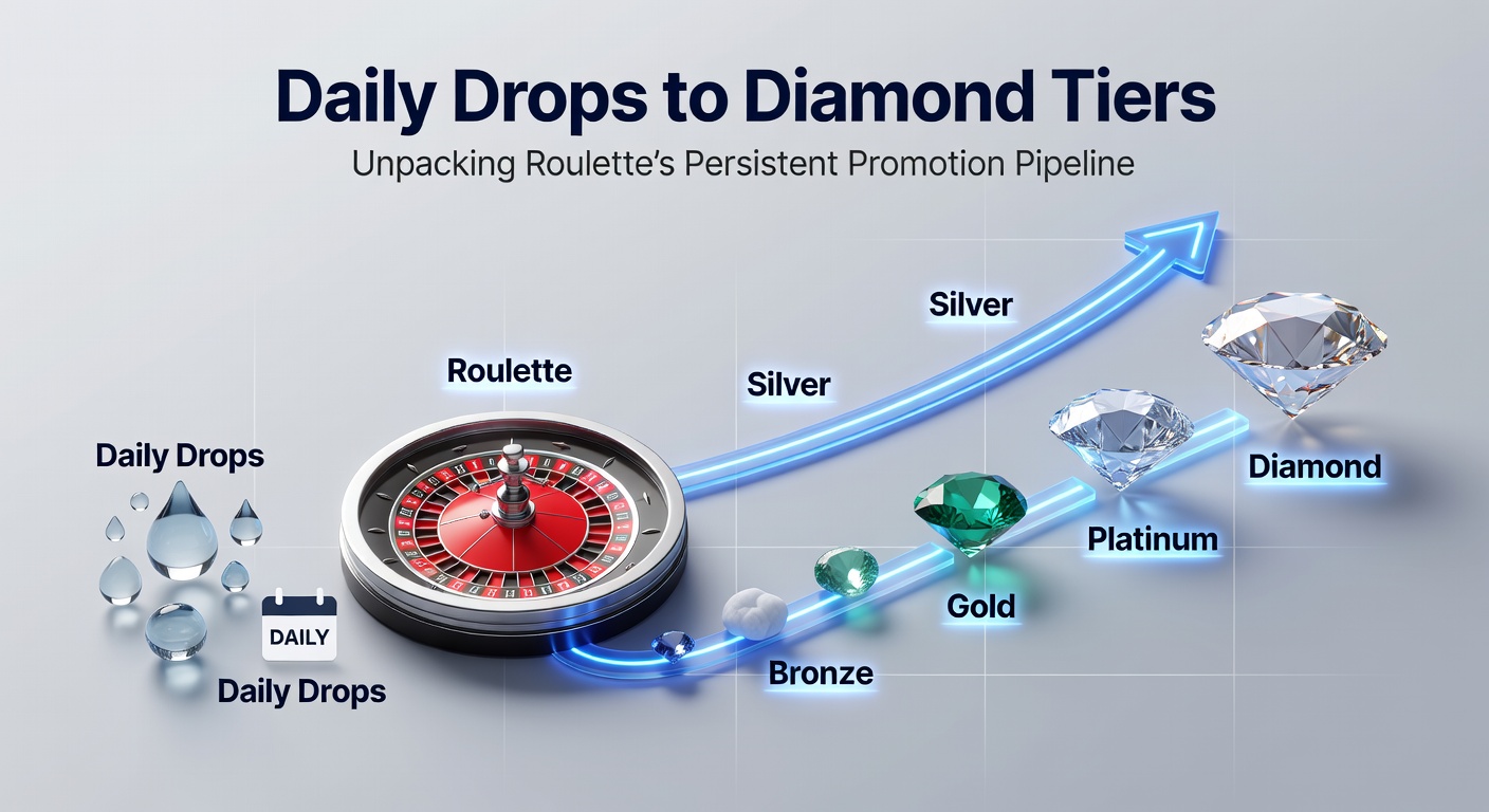 Vibrant roulette wheel with cascading diamond icons symbolizing tiered promotions from daily drops to elite levels