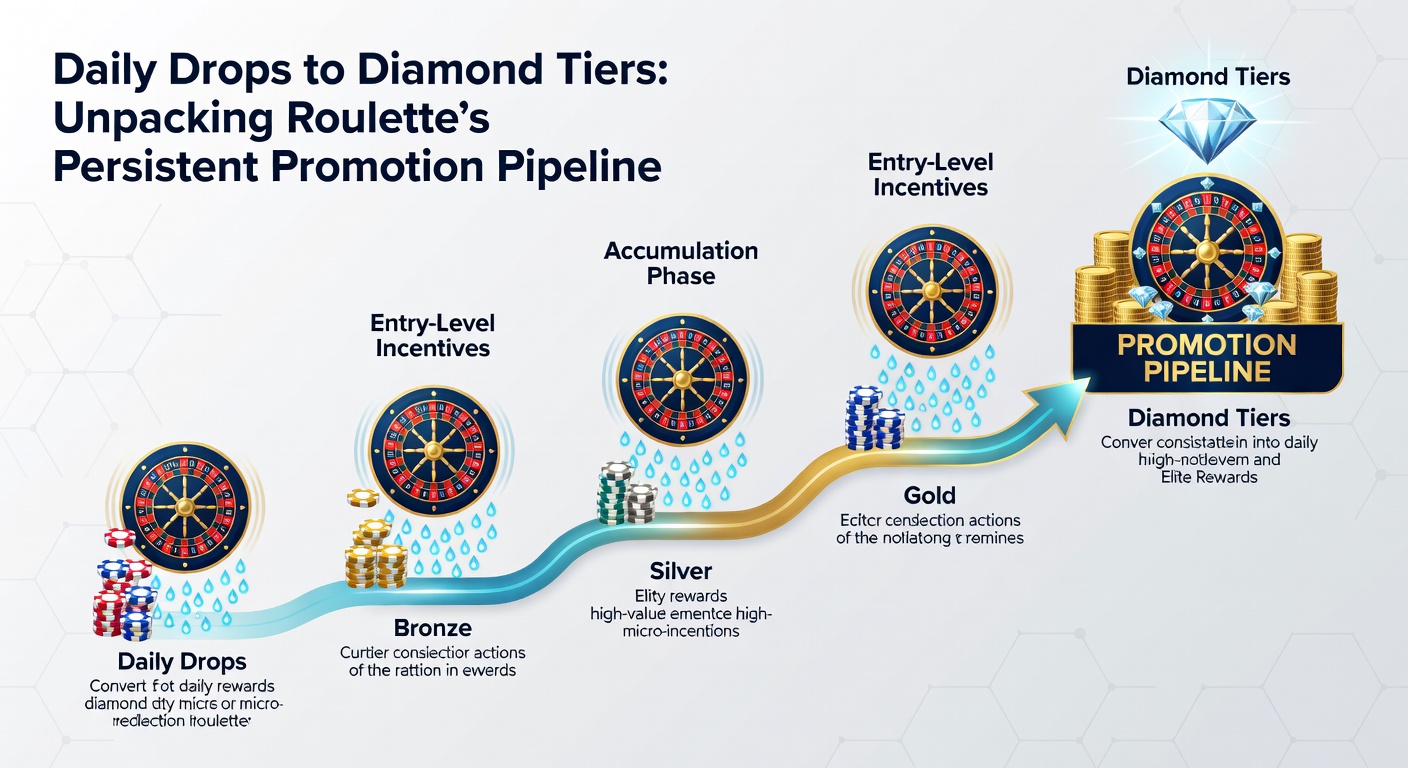 Infographic ladder showing progression from daily drop spins at base to diamond VIP crown at top, with roulette chips along the steps
