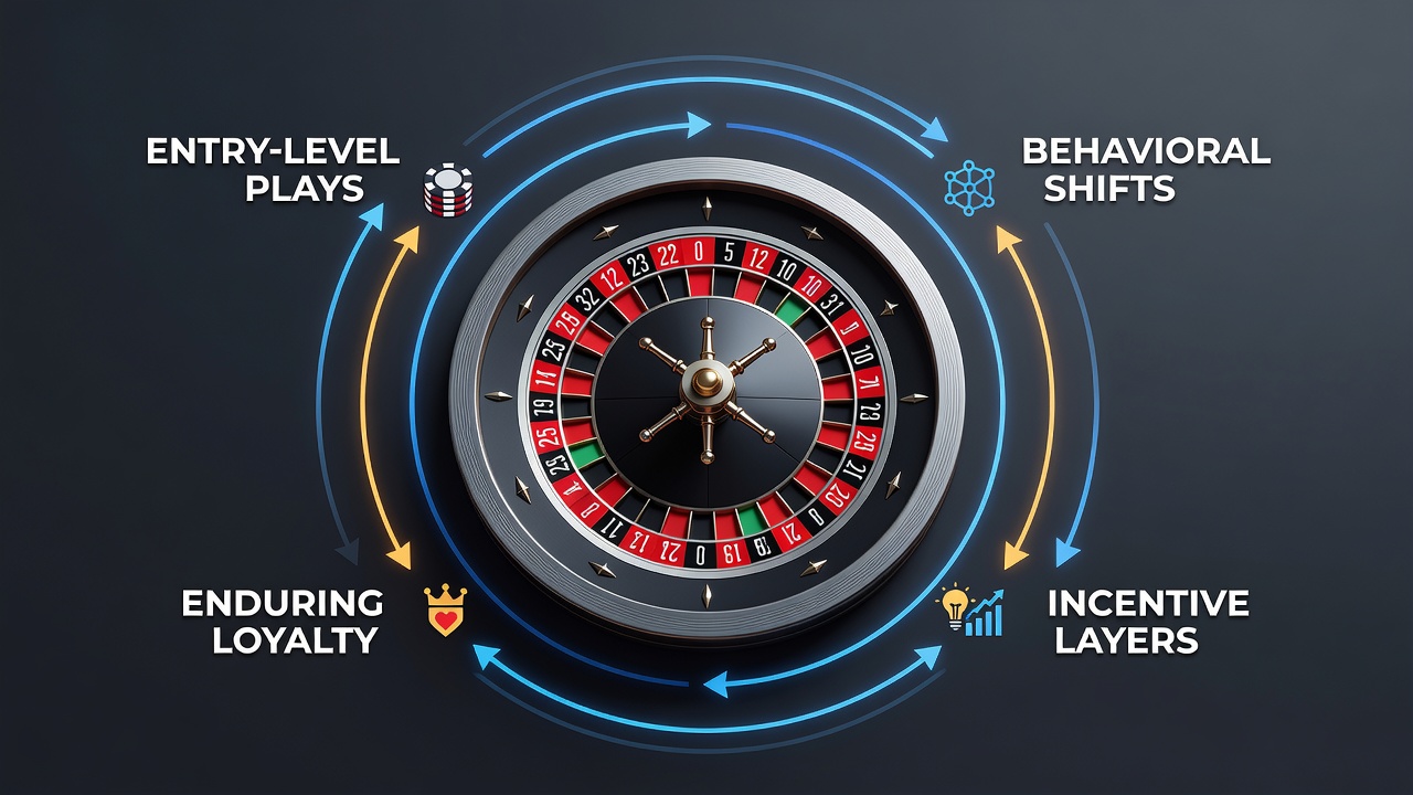 Diagram illustrating sequential layers of roulette incentives from welcome offers to VIP loyalty advantages