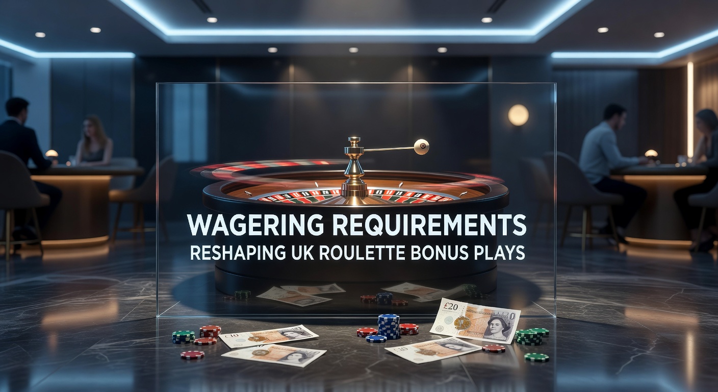 Close-up of a roulette wheel with bonus terms overlayed, symbolizing hidden wagering hurdles in UK online casinos