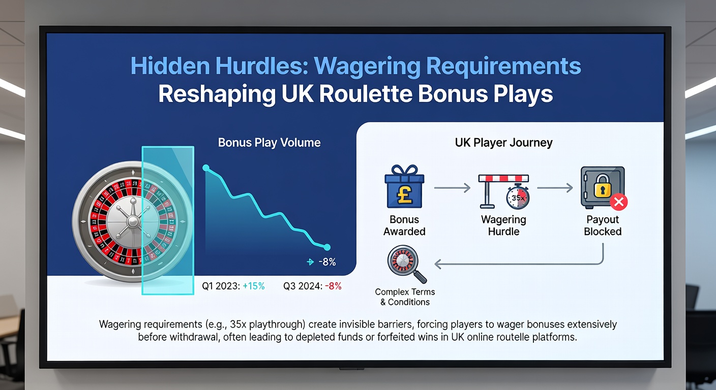Graph showing rising wagering requirements for UK roulette bonuses from 2024 to 2026, with casino logos in background