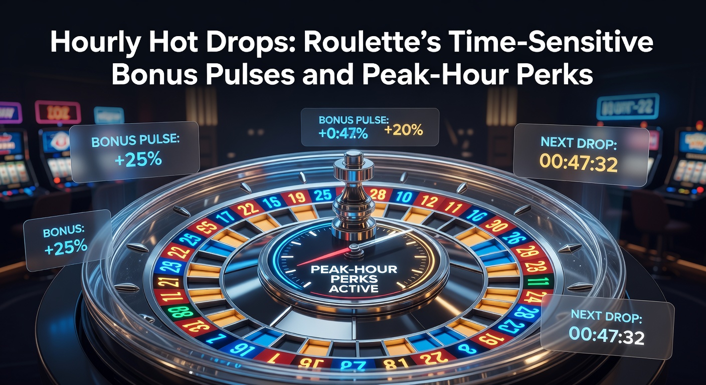 Vibrant roulette wheel with glowing hourly bonus indicators highlighting time-sensitive drops during peak play hours