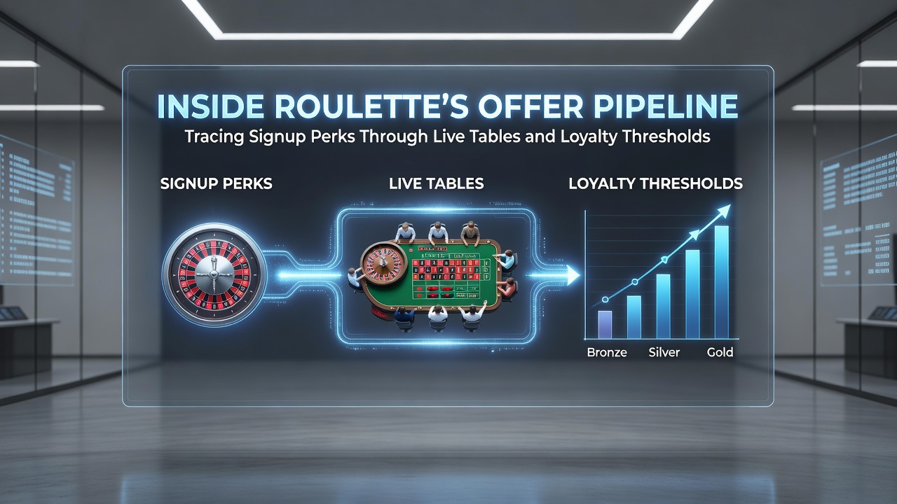 Roulette table with digital overlays showing signup bonus progression to live dealer sessions