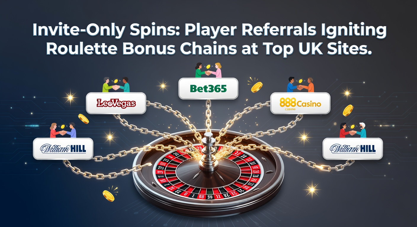 Vibrant roulette wheel with glowing referral chains linking player avatars and bonus icons, symbolizing exclusive invite networks at UK casinos