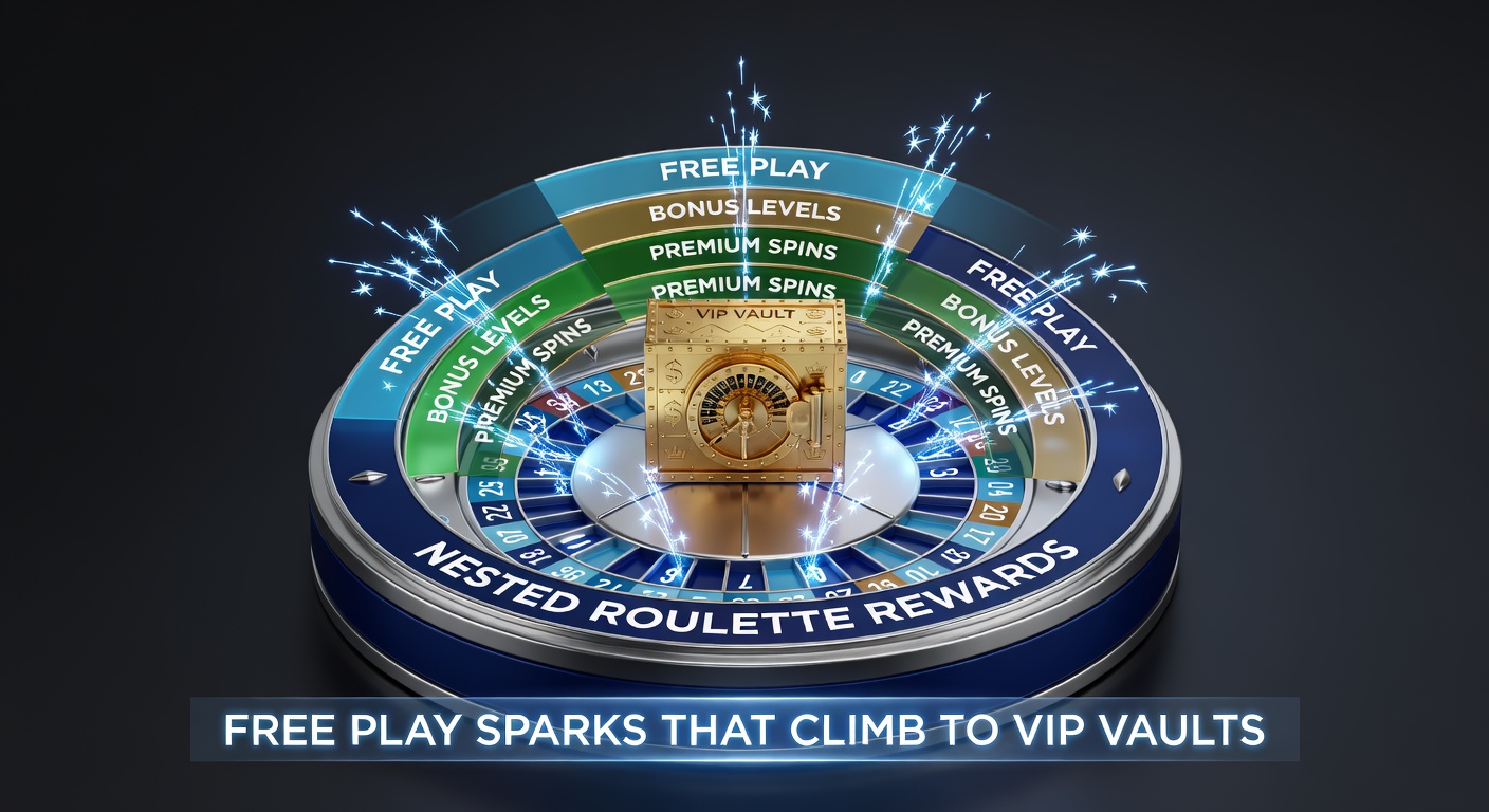 Vibrant roulette wheel with glowing layered reward icons ascending from free play chips to VIP crown symbols, illustrating nested bonus progression