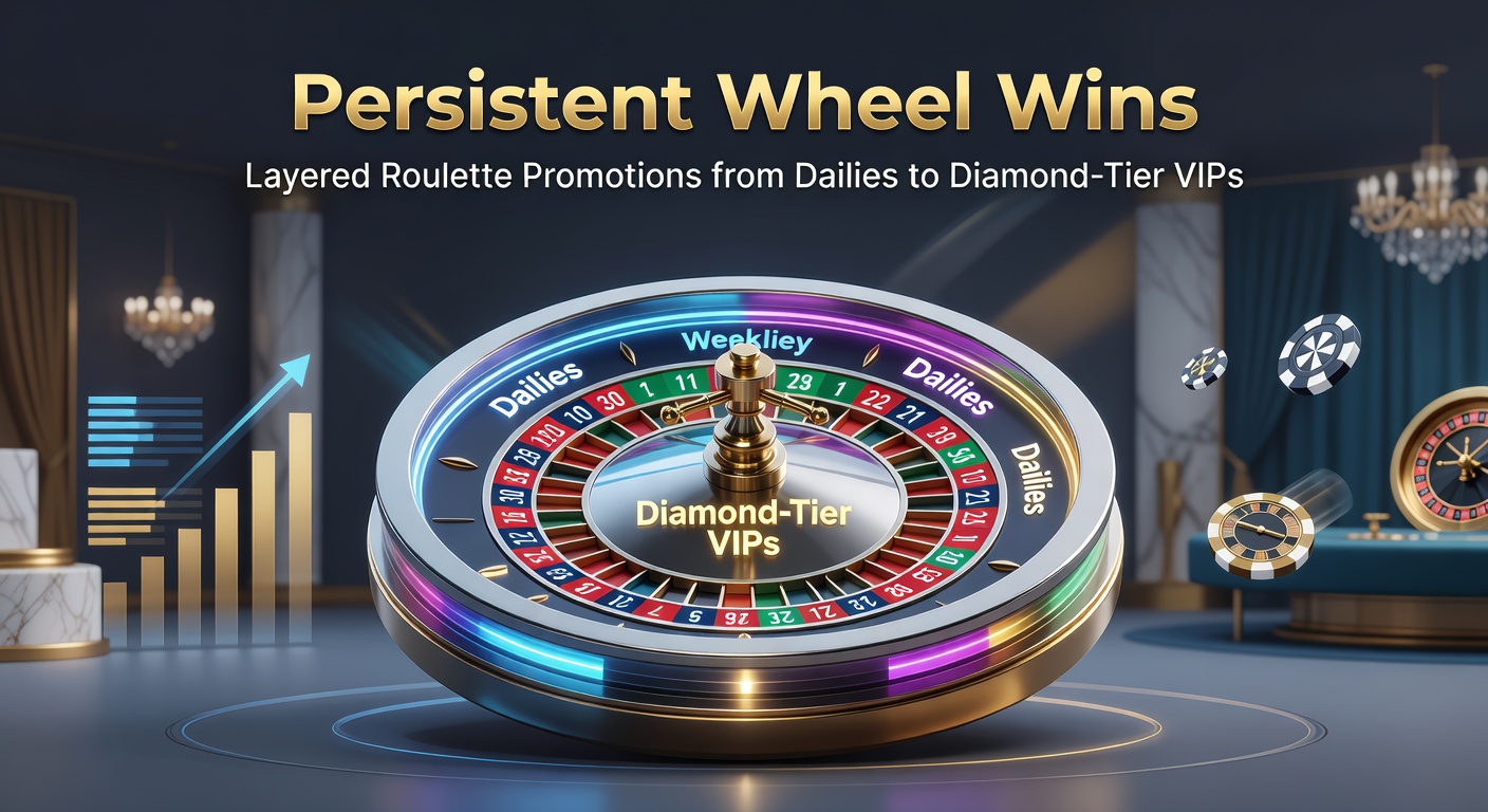 Vibrant roulette wheel segmented into loyalty tiers, showcasing daily spins escalating to diamond VIP rewards with bonus multipliers glowing brightly