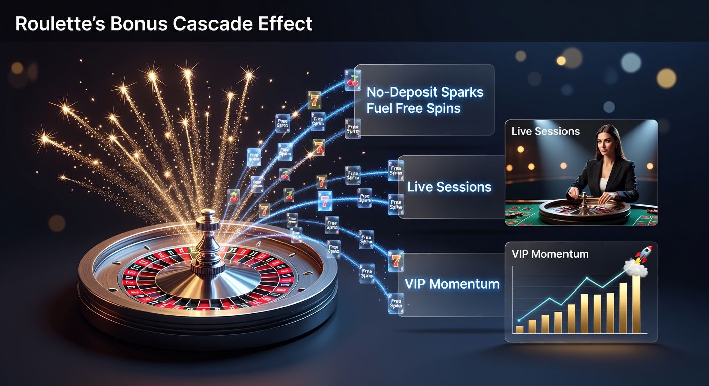 Vibrant roulette wheel with cascading bonus icons representing no-deposit offers evolving into free spins and VIP tiers