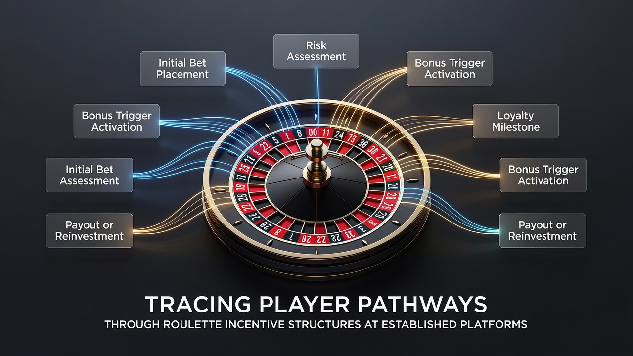 Roulette wheel with layered bonus icons showing player progression paths at established platforms