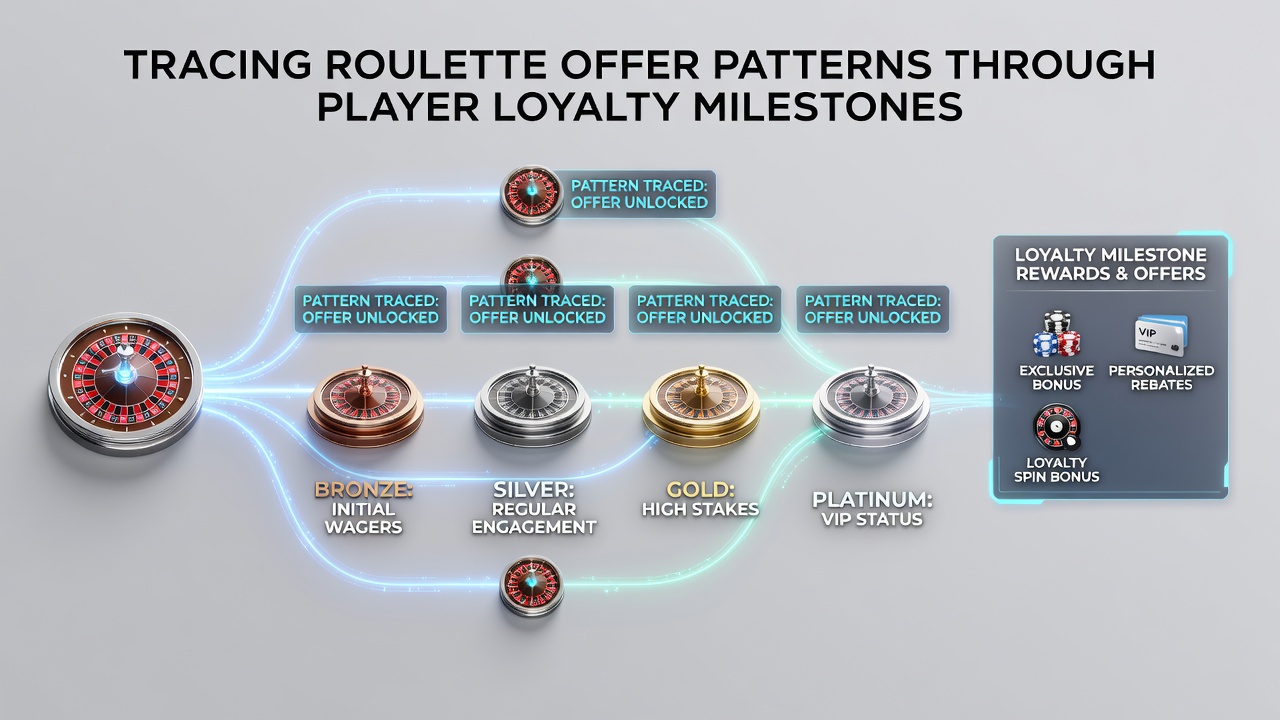 Casino loyalty card with roulette chips and tier progression chart illustrating mid to high level rewards
