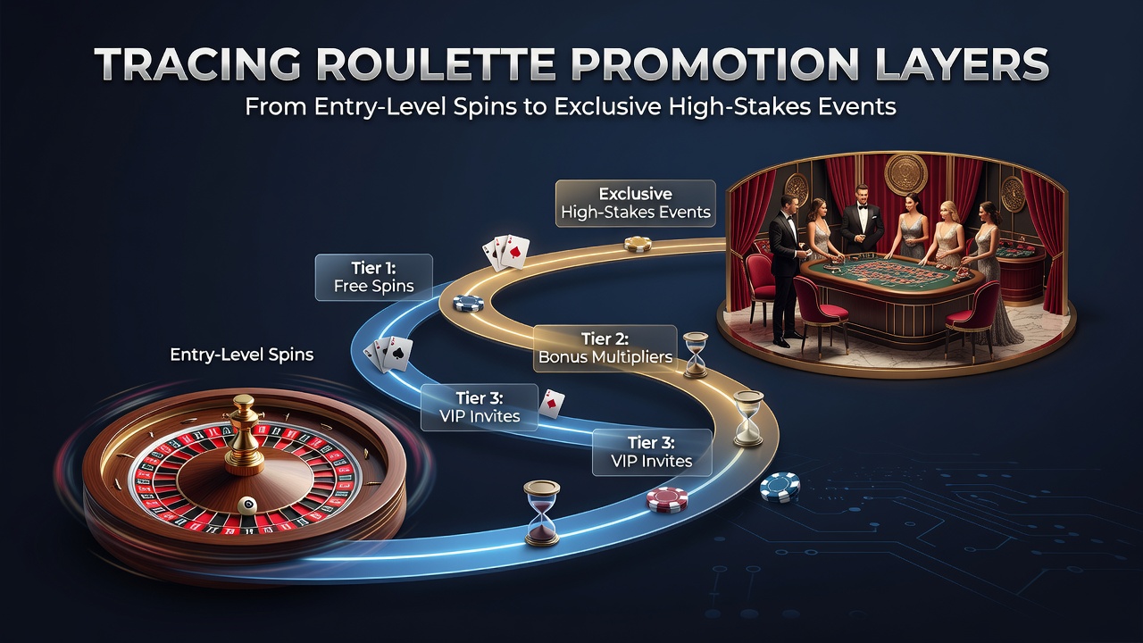 Roulette wheel with layered promotional tiers visualized from basic spins upward