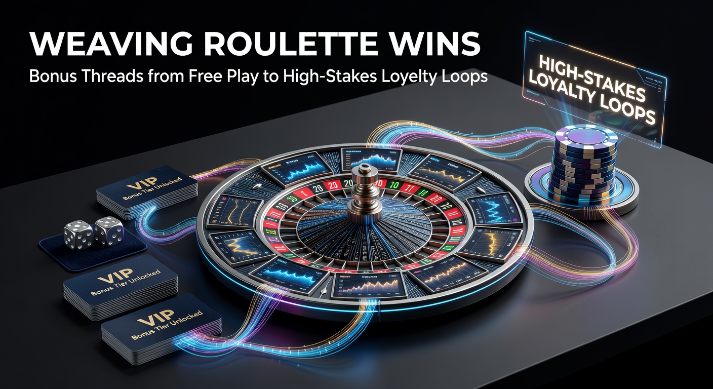 Vibrant roulette wheel with glowing bonus threads connecting free play icons to high-stakes VIP symbols, illustrating reward progression