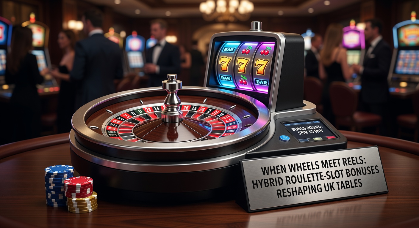Vibrant casino floor showing roulette wheel next to slot machines with hybrid bonus overlays glowing on screens