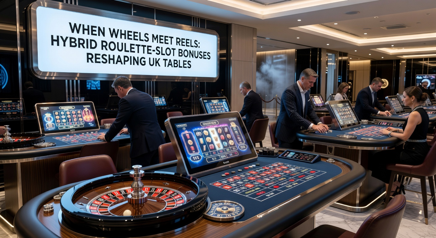 Close-up of mobile screen displaying hybrid bonus interface with roulette wheel and slot reels integrated in one promo banner