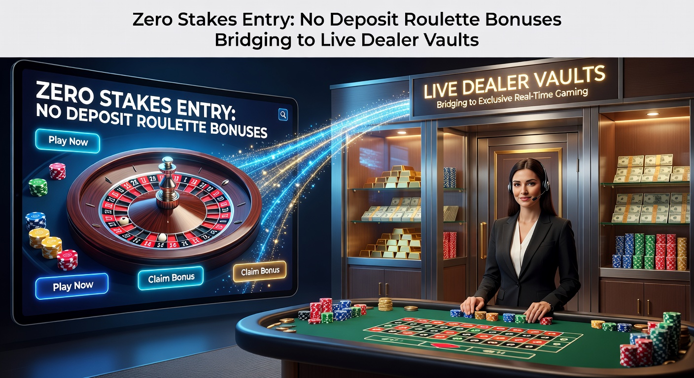 Vibrant roulette wheel with glowing no-deposit bonus icons transitioning into a luxurious live dealer vault entrance